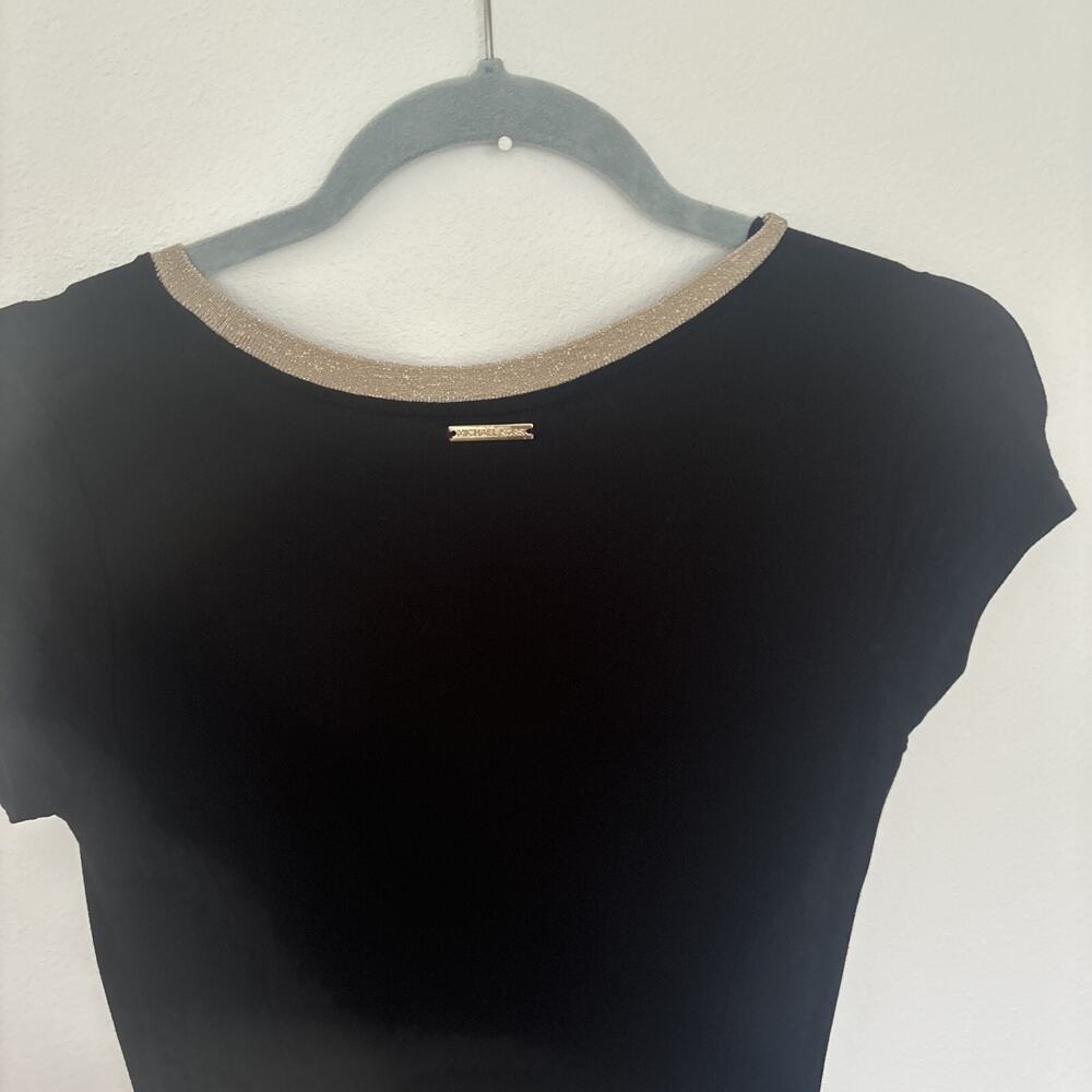 Michael Kors Black Maxi Dress XS Gold Trim Short Sleeve Slit - Picture 5 of 8
